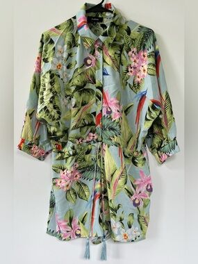 Aakaa Light Blue Tropical Floral Jungle Button Romper with Side Pockets Size:S